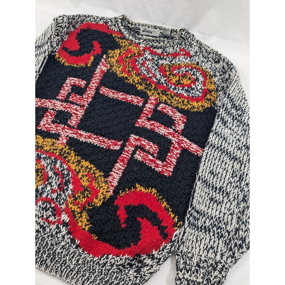 VINTAGE Chunky 80s Sweater  XL Knit Geometric Pattern‎ Green Red Yellow
